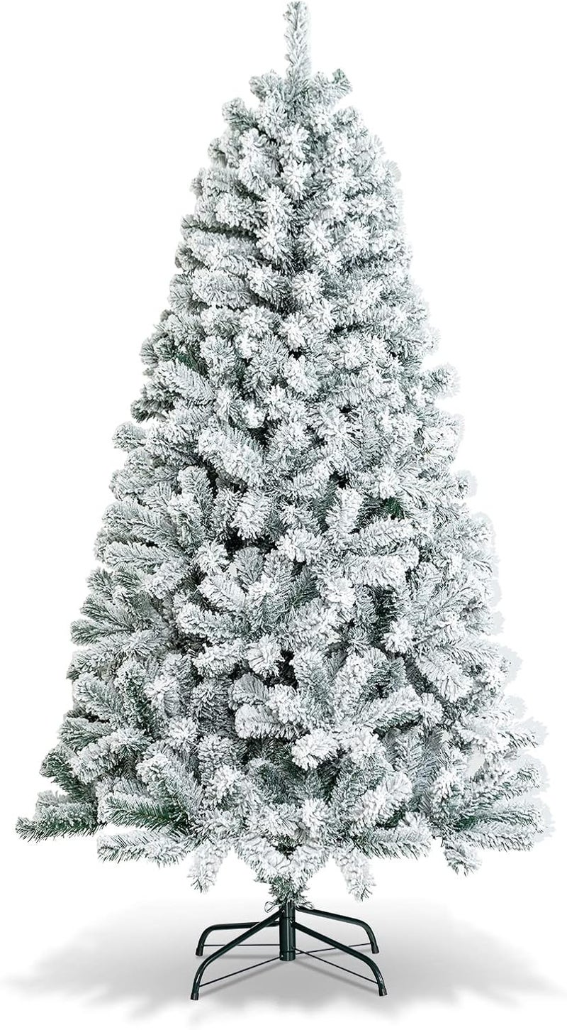 Costway 6 FT Snow Flocked Christmas Tree, Artificial Holiday Hinged Pine Tree with 600 Branch Tips, Solid Metal Stand, Premium Xmas Full Fake Tree for Home, Office, Party Decoration - Image 1